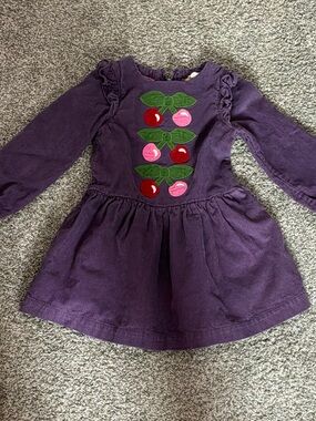 Mini Boden Purple Corduroy Dress with Green Bow Detail
